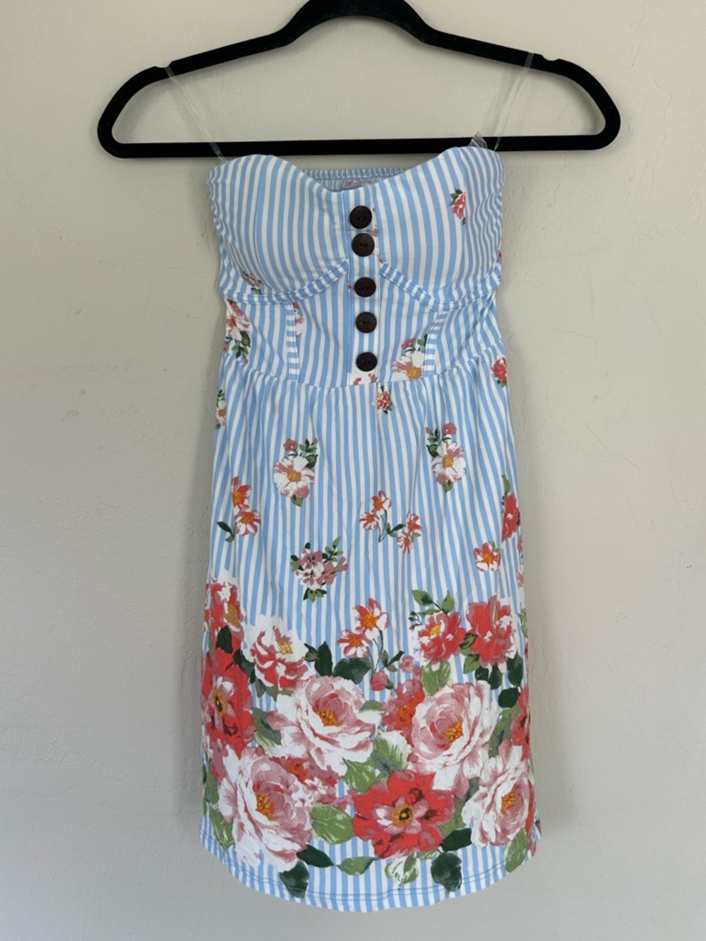 No Boundaries Strapless Button Front Dress Xsmall Blue Striped Floral (1646)